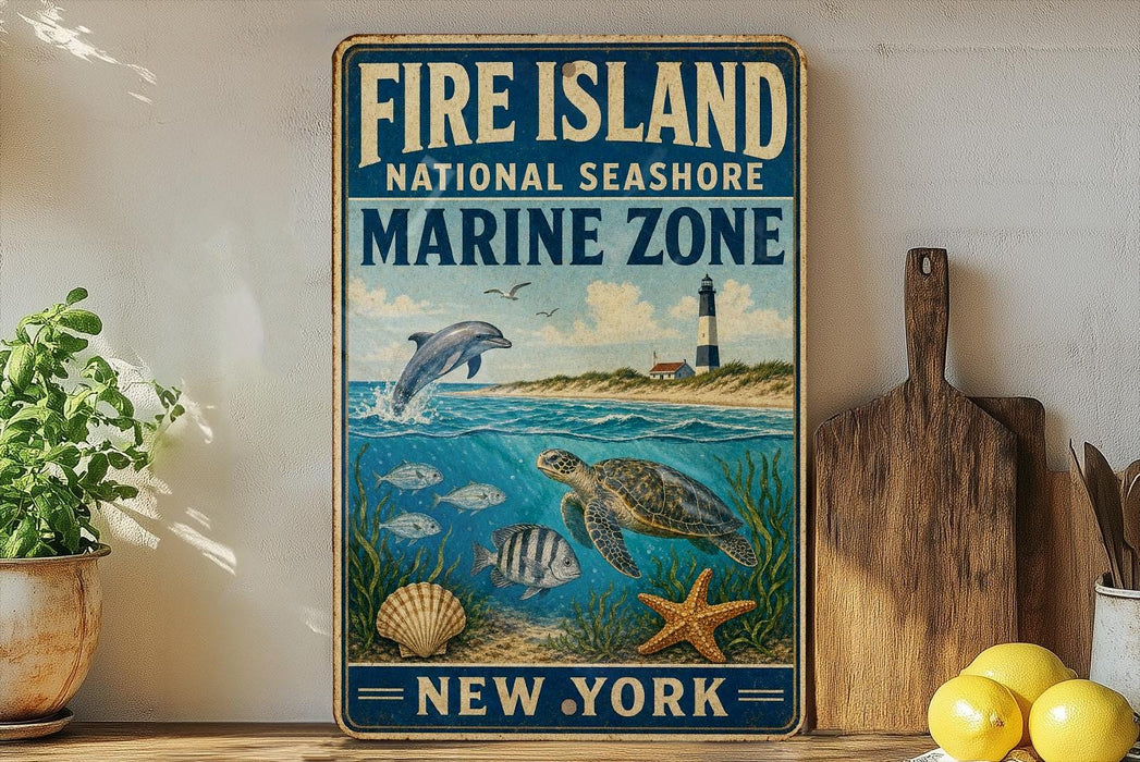 a vintage-style sign for the Fire Island National Seashore Marine Zone in New York, with illustrations of marine life such as a dolphin, turtle, and starfish.