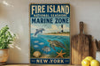 a vintage-style sign for the Fire Island National Seashore Marine Zone in New York, with illustrations of marine life such as a dolphin, turtle, and starfish.