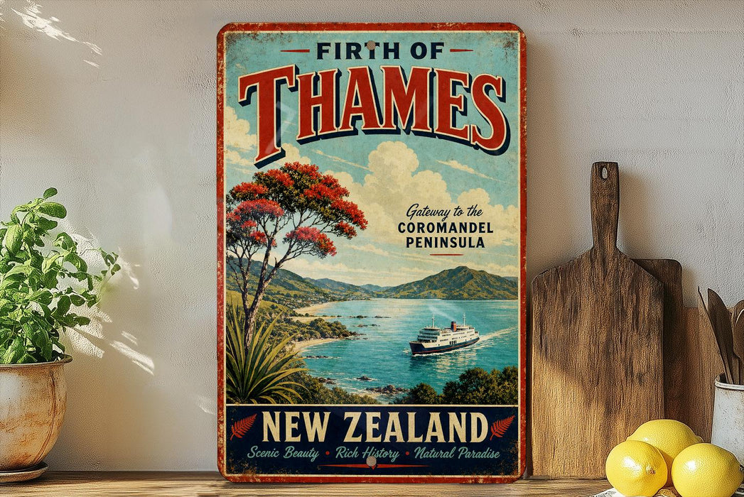 a vintage-style poster advertising the First of Thames, a ferry service to the Coromandel Peninsula in New Zealand.