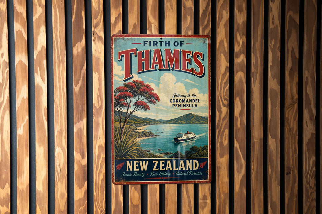 A vintage travel poster advertising the Firth of Thames, a scenic destination in Thames, New Zealand.