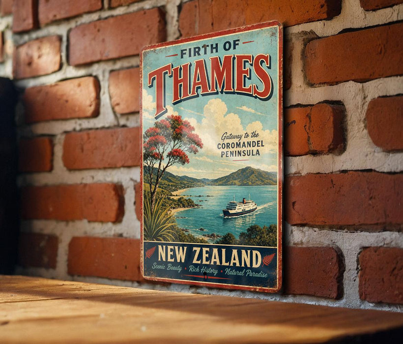 A vintage-style sign for the Firth of Thames, a famous tourist destination in Thames, England. The sign features a scenic image of the Thames River and the surrounding landscape, along with the text "Firth of Thames" and "Getting to the Coromandel Peninsula".