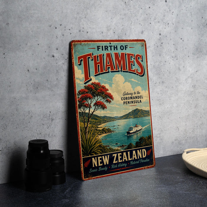 A vintage travel poster advertising the "Fifth of Thames" tour to the Coromandel Peninsula in New Zealand, featuring a scenic landscape with a boat on the water.