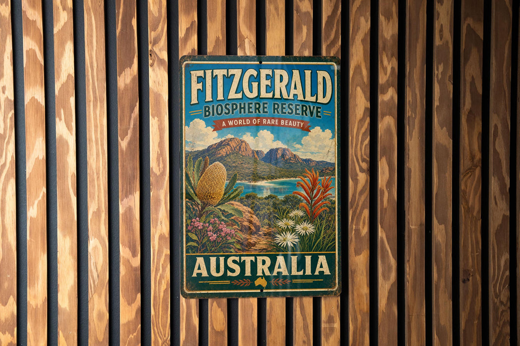 a vintage-style sign for Fitzgerald Biosphere Reserve, a world-renowned natural reserve in Australia.