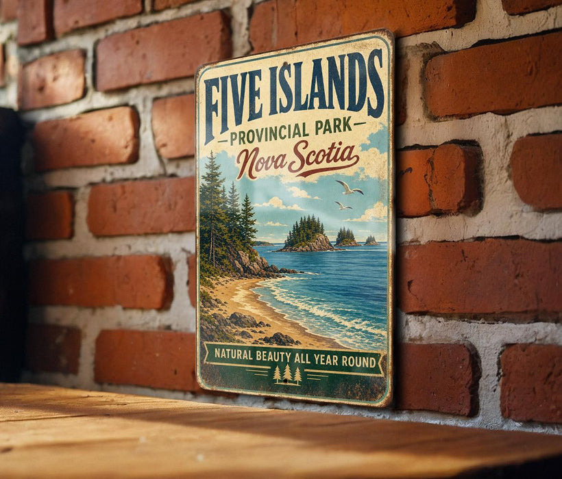a vintage-style metal sign for Five Islands Provincial Park in Nova Scotia, Canada, mounted on a brick wall.