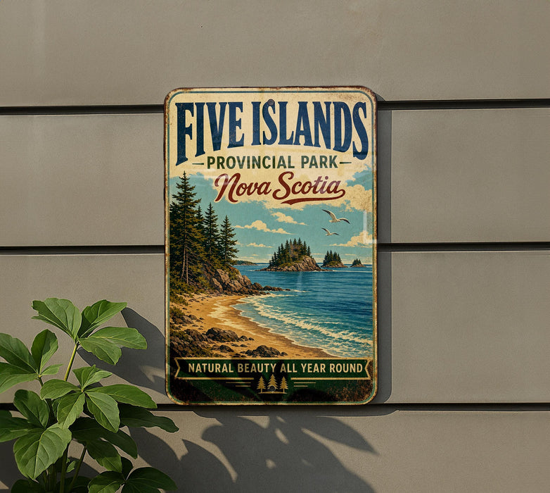a vintage-style sign for Five Islands Provincial Park in Nova Scotia, Canada, with a scenic beach and ocean landscape.