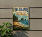 a vintage-style sign for Five Islands Provincial Park in Nova Scotia, Canada, with a scenic beach and ocean landscape.