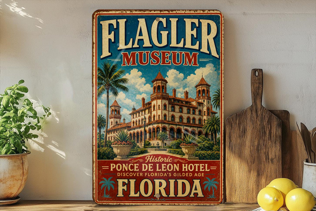 A vintage-style sign for the Flagler Museum in Florida, featuring an illustration of the historic Ponce de Leon Hotel.
