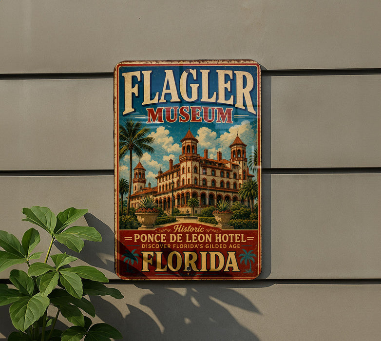 A vintage-style metal sign for the Flagler Museum in Florida, featuring an illustration of a historic hotel with palm trees and a cloudy sky.