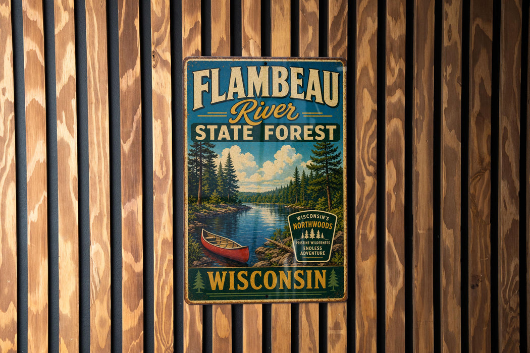 A vintage-style metal sign for the Flambeau River State Forest in Wisconsin, featuring a scenic illustration of a canoe on the river and a forest landscape.