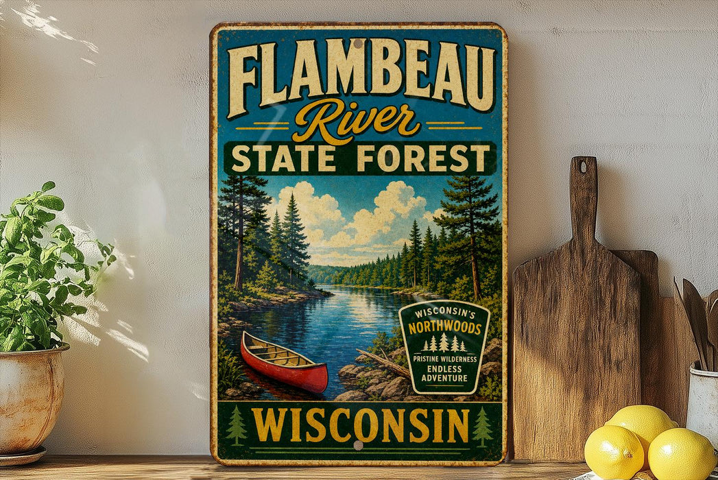 A vintage-style metal sign for Flambéau River State Forest in Wisconsin, featuring a canoe and a scenic landscape.