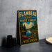 A vintage-style metal sign for Flamebeau River State Forest in Wisconsin, featuring a scenic illustration of a lake, canoe, and forest.