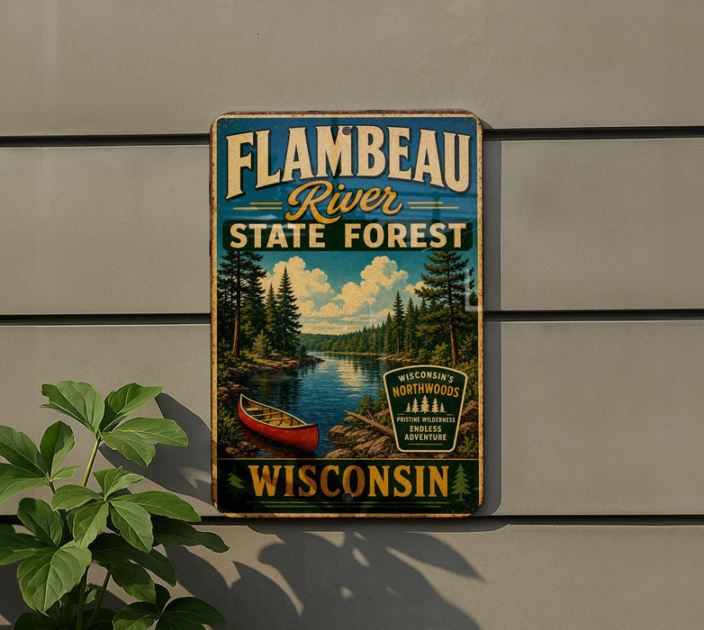 A vintage-style metal sign for Flambéau River State Forest in Wisconsin, featuring a scenic illustration of a lake, forest, and canoe.