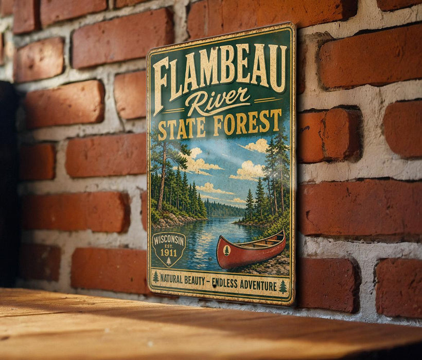 A vintage-style metal sign for Flambéau River State Forest, featuring a scenic illustration of a canoe on a river surrounded by pine trees.