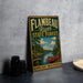 A vintage-style metal sign for the Flambéau River State Forest in Wisconsin, featuring a scenic illustration of a canoe on a river surrounded by pine trees.