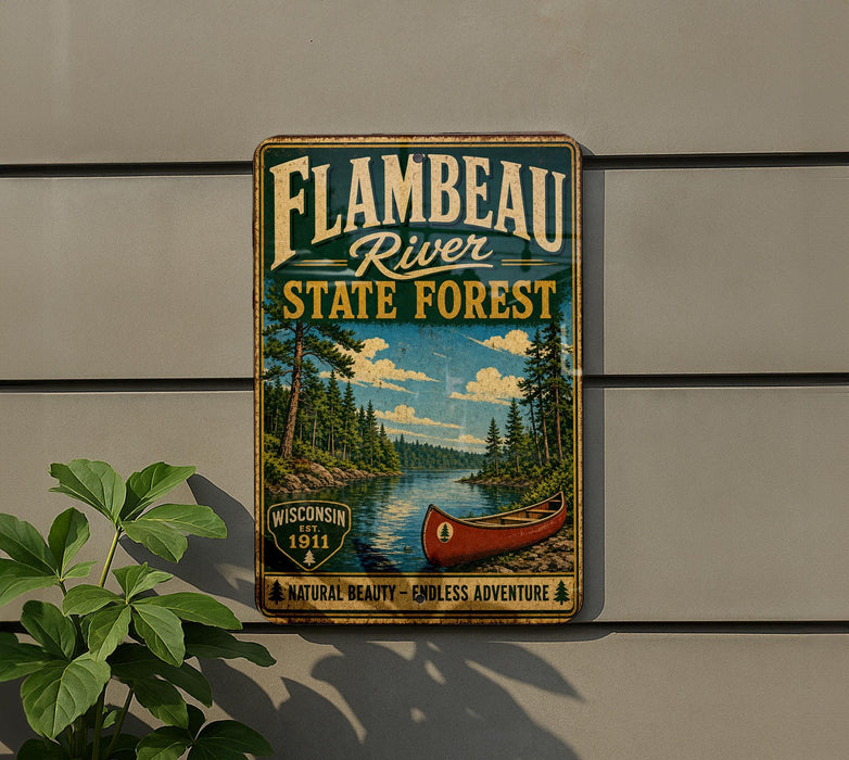 A vintage-style metal sign for Flambéau River State Forest, featuring a scenic illustration of a lake, forest, and canoe.