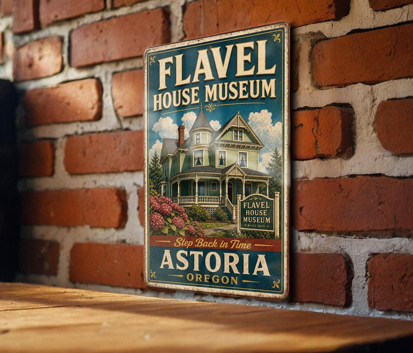 A vintage-style metal sign for the Fl aval House Museum in Astoria, Oregon, featuring an illustration of a Victorian-style house surrounded by flowers.