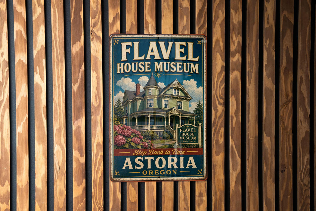 A vintage-style metal sign for the Fl aval House Museum in Astoria, Oregon, featuring an illustration of a Victorian-style house surrounded by flowers.