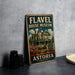 A vintage-style metal sign for the Fl aval House Museum in Astoria, Oregon, featuring an illustration of a Victorian-style house with a prominent chimney.
