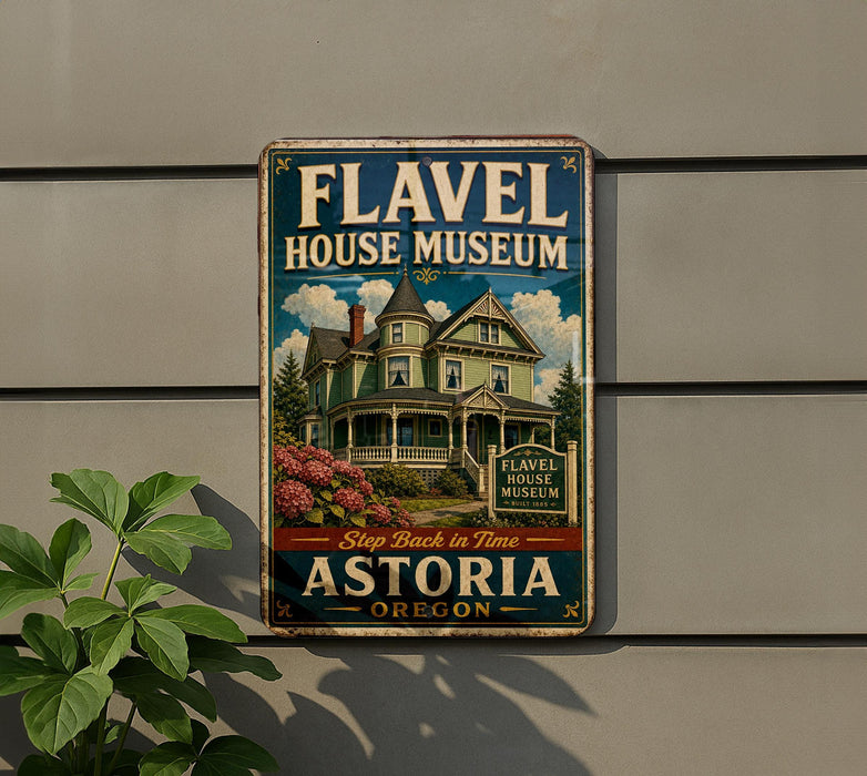 A vintage-style metal sign for the Fl aval House Museum in Astoria, Oregon, featuring an illustration of a Victorian-style house with a porch and flowers.