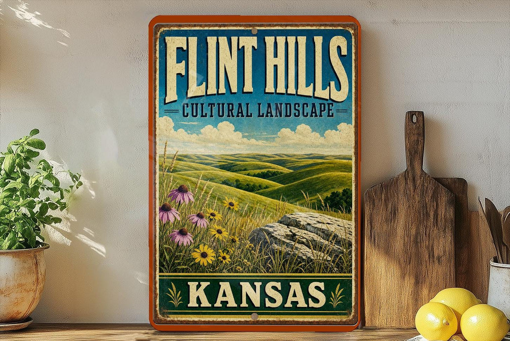 A vintage-style sign for Flint Hills, Kansas, featuring a scenic landscape with rolling hills, flowers, and a blue sky with clouds.