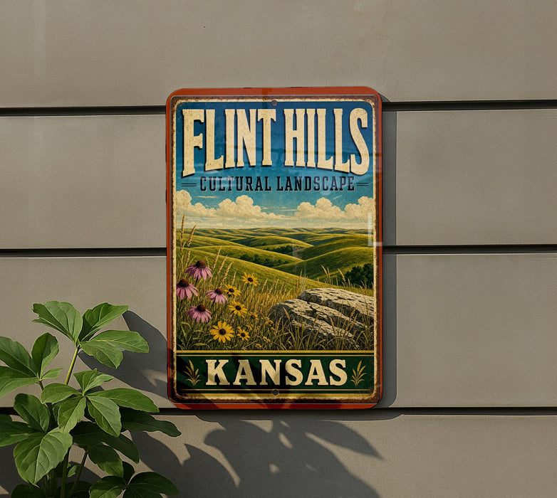 A vintage-style sign for "Flint Hills Cultural Landscape Kansas" is displayed on a wall, featuring a scenic landscape with grassy hills, flowers, and a blue sky with clouds.