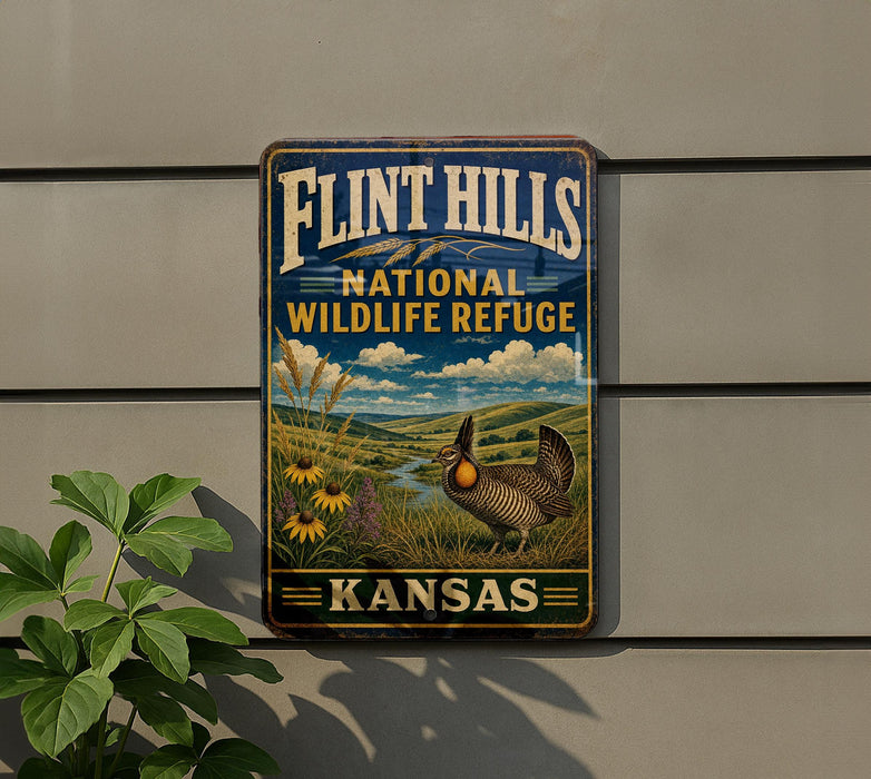 A vintage-style sign for the Flint Hills National Wildlife Refuge in Kansas, featuring a bird and a scenic landscape.