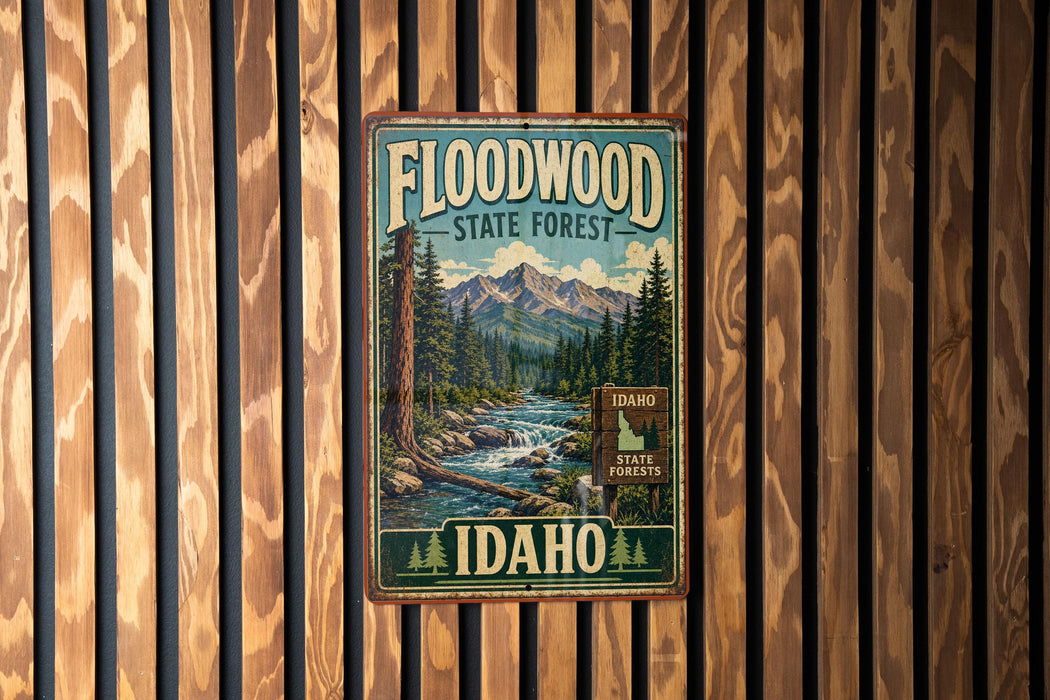 A vintage-style metal sign for the Floodwood State Forest in Idaho, featuring a scenic illustration of a forest and a river.
