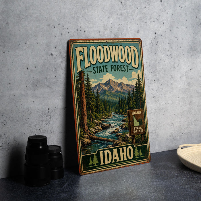 A vintage-style sign for the Floodwood State Forest in Idaho, featuring a scenic illustration of a forest and a river.