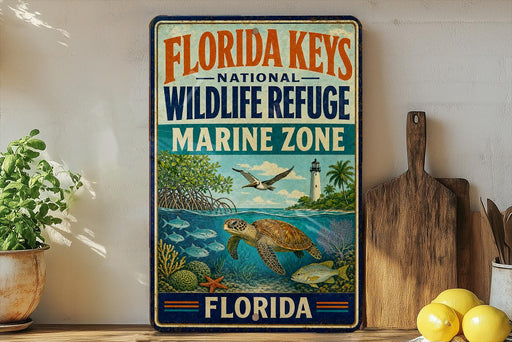 A vintage-style metal sign for the Florida Keys National Wildlife Refuge, featuring illustrations of marine life and a lighthouse, is displayed on a shelf next to a wooden cutting board and some lemons.