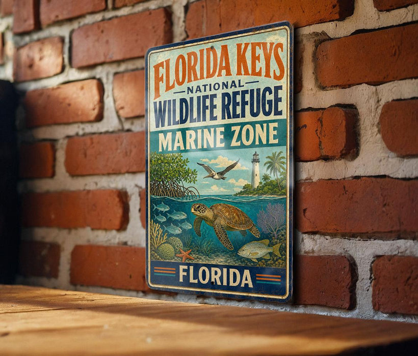 A vintage-style metal sign for the Florida Keys National Wildlife Refuge, featuring an illustration of a turtle swimming in the ocean.