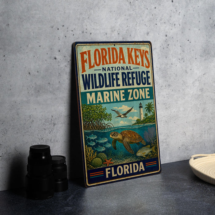 A vintage-style metal sign for the Florida Keys National Wildlife Refuge Marine Zone, featuring illustrations of marine life and a lighthouse.