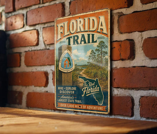 A vintage-style metal sign for the Florida Trail, featuring a scenic illustration of a trail surrounded by palm trees and a house, mounted on a brick wall.