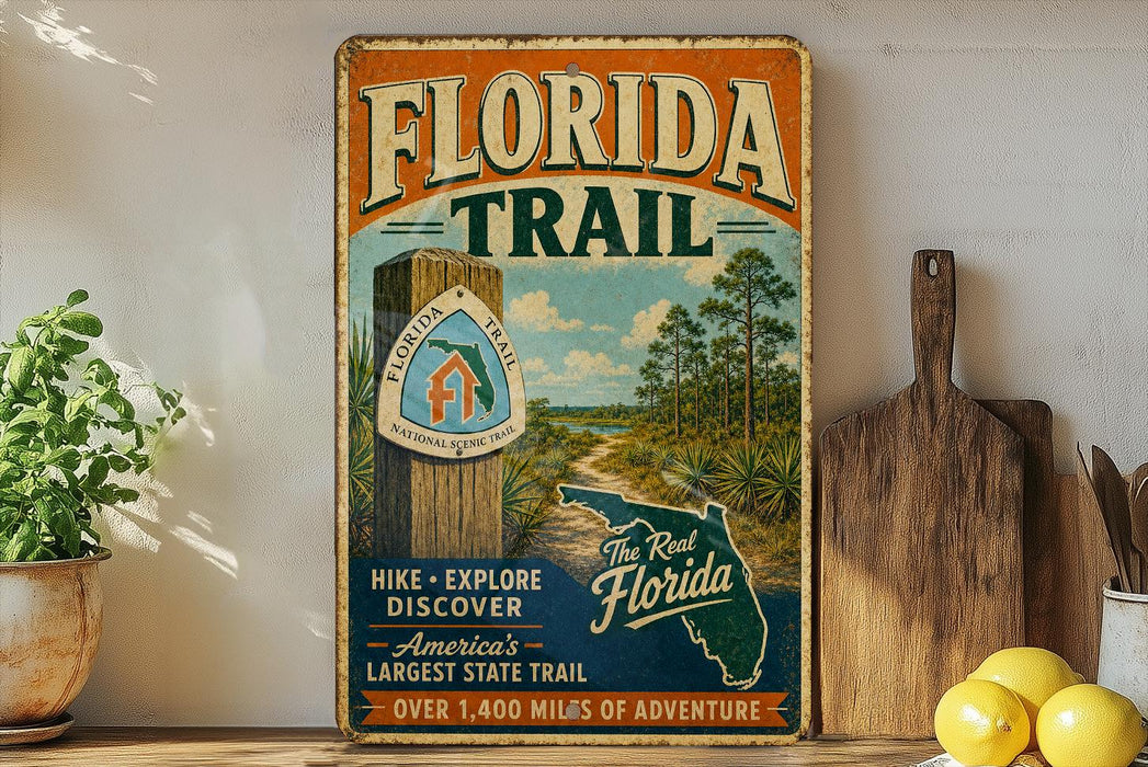 A vintage-style sign for the Florida Trail, featuring a scenic illustration of a trail surrounded by pine trees and a house, along with text promoting the trail as a hiking and exploring destination in Florida.