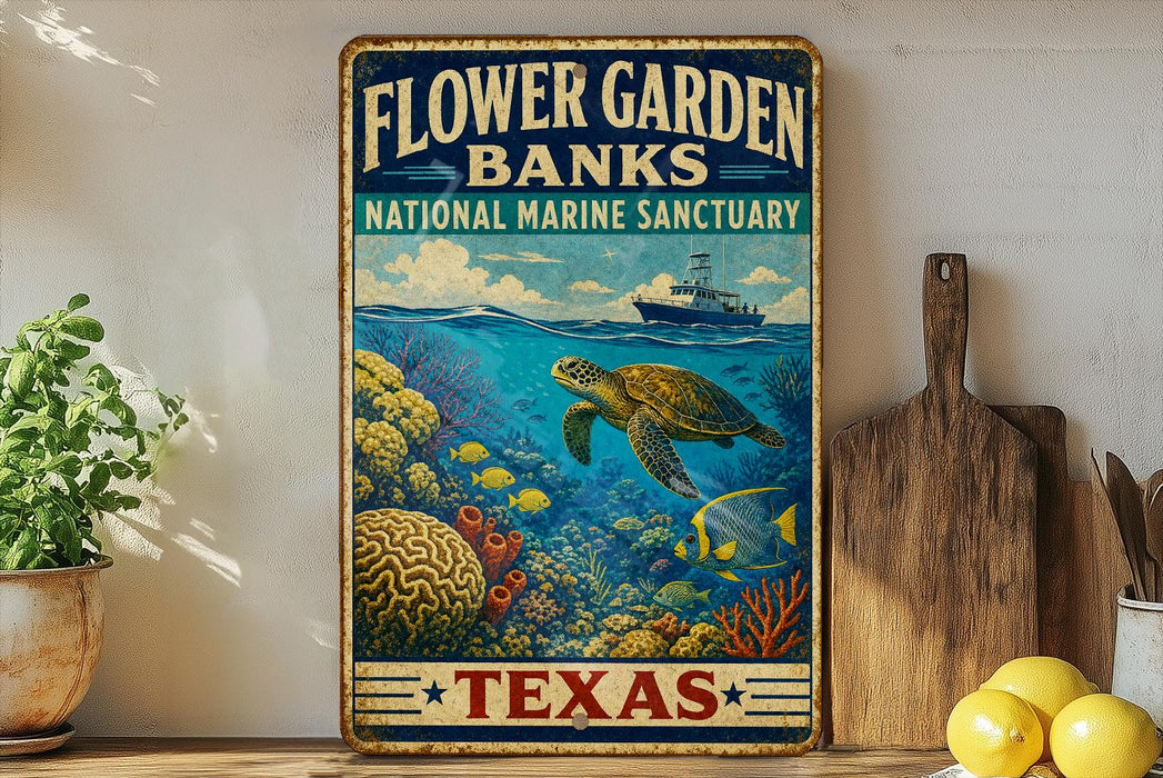 A vintage-style sign for the Flower Garden Banks National Marine Sanctuary in Texas, featuring an illustration of a turtle swimming among coral and fish in the ocean.
