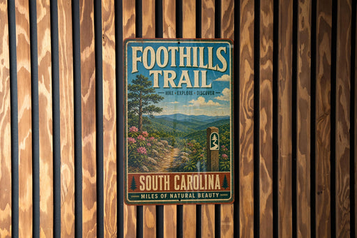 A vintage metal sign for the Foothills Trail in South Carolina, featuring a scenic mountain landscape with a trail and a pine tree.