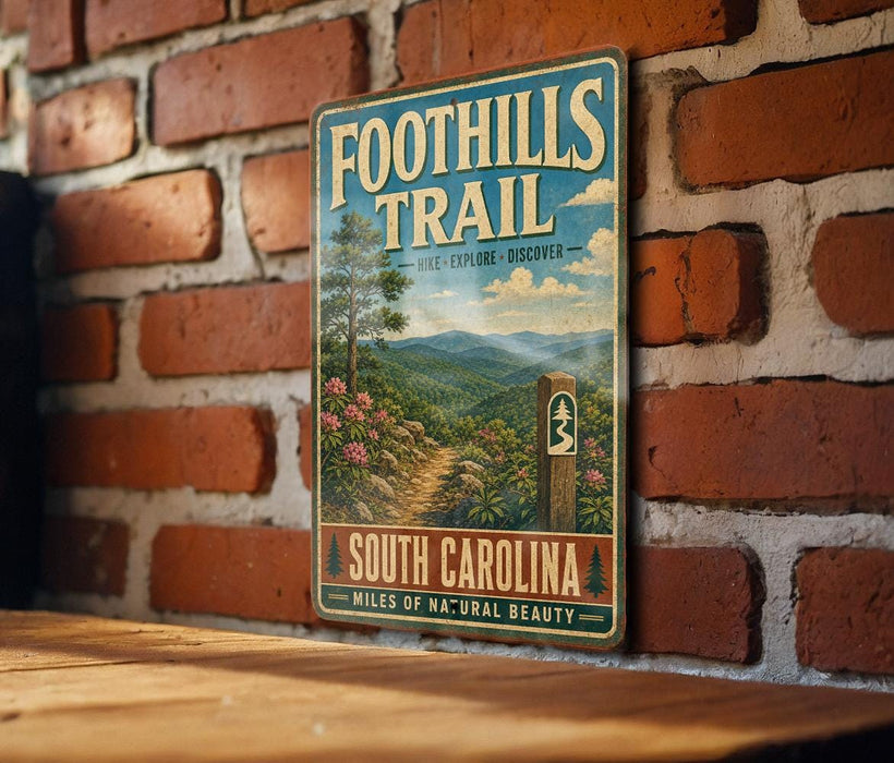 A vintage-style metal sign for the Foothills Trail in South Carolina, featuring a scenic mountain landscape with a trail and a signpost.