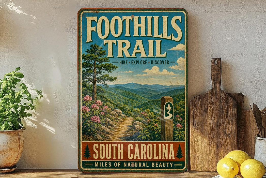 a vintage trail sign for the Foothills Trail in South Carolina, with a scenic mountain landscape and a path leading through the woods.