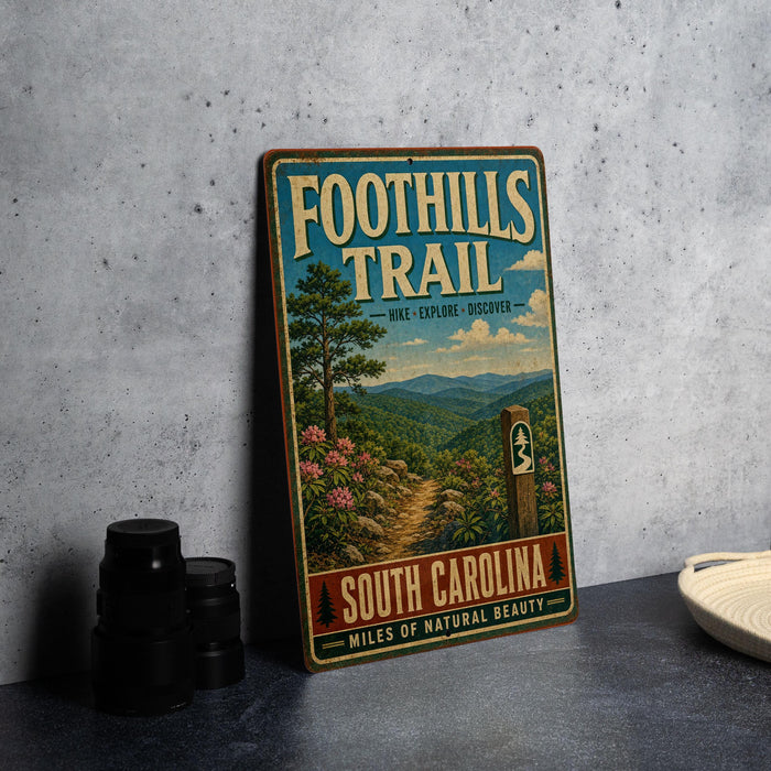 a vintage trail sign for the Foothills Trail in South Carolina, with a scenic mountain landscape and a path leading through the woods.