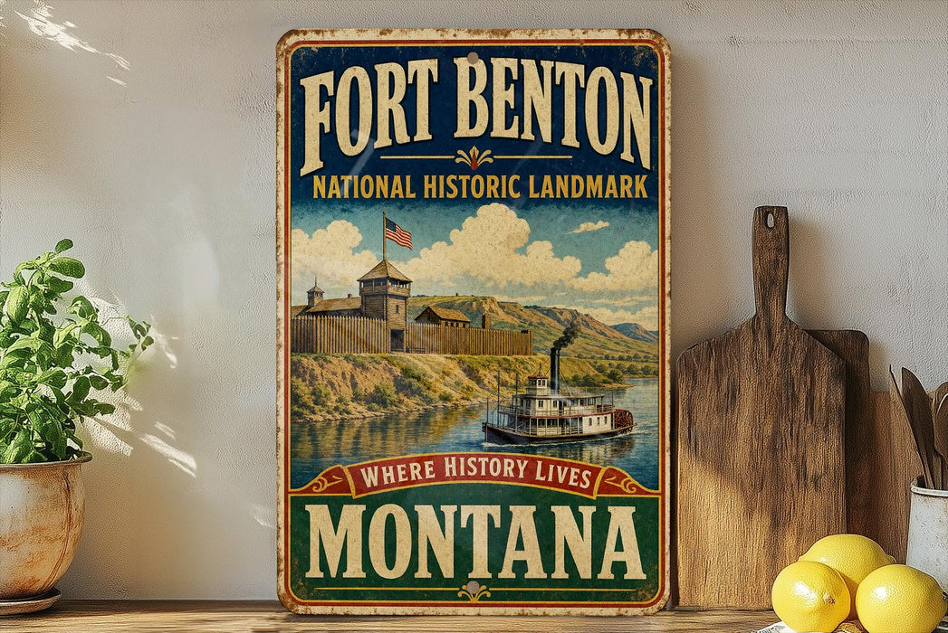 A vintage-style sign for Fort Benton National Historic Landmark in Montana, featuring a castle, river, and steamboat, with the text "Fort Benton Montana" and "Where history lives" below.