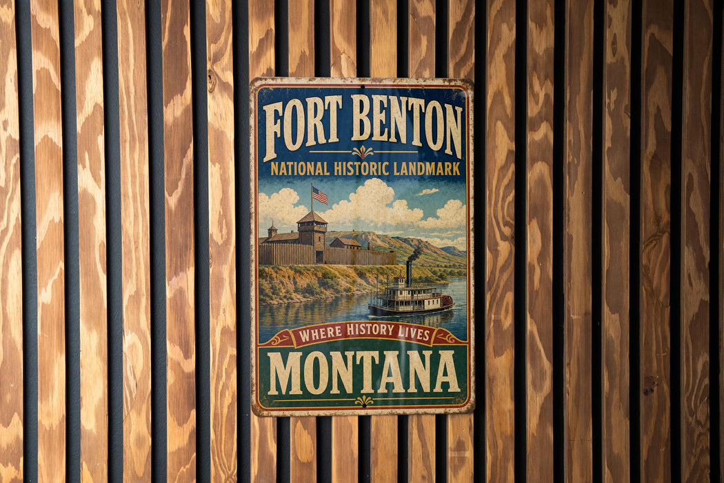 A vintage-style metal sign for Fort Benton National Historic Landmark in Montana, featuring a castle and a river.