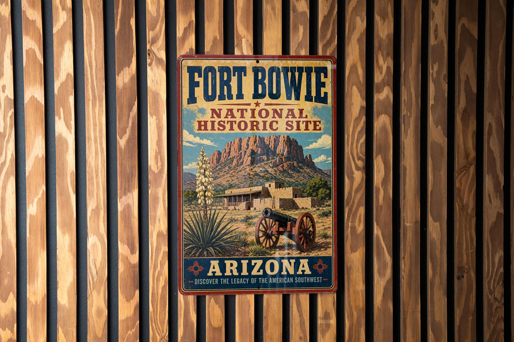 A vintage-style sign for Fort Bowie National Historic Site in Arizona, featuring a desert landscape with a mountain and a cannon in the foreground.