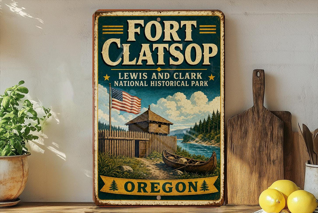 A vintage-style sign for Fort Clatsop Lewis and Clark National Historical Park in Oregon, featuring an illustration of a wooden fort, a river, and a boat.