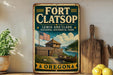 A vintage-style sign for Fort Clatsop Lewis and Clark National Historical Park in Oregon, featuring an illustration of a wooden fort, a river, and a boat.