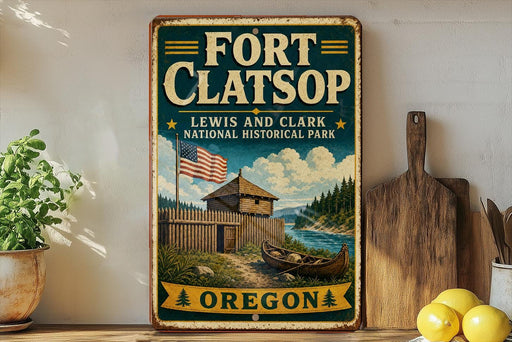 A vintage-style sign for Fort Clatsop Lewis and Clark National Historical Park in Oregon, featuring an illustration of a wooden fort, a river, and a boat.