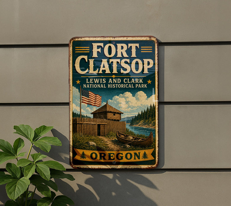 A vintage-style sign for Fort Clatsop Lewis and Clark National Historical Park, featuring an illustration of a wooden fort, a river, and an American flag.
