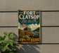 A vintage-style sign for Fort Clatsop Lewis and Clark National Historical Park, featuring an illustration of a wooden fort, a river, and an American flag.