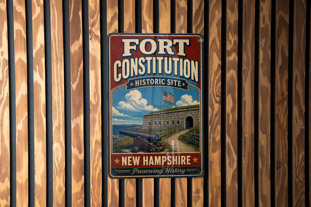 A vintage-style metal sign for the Fort Constitution Historic Site in New Hampshire, featuring an illustration of a fort and a cannon.