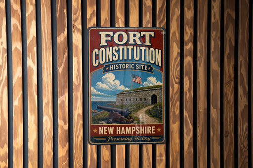 A vintage-style metal sign for the Fort Constitution Historic Site in New Hampshire, featuring an illustration of a fort and a cannon.