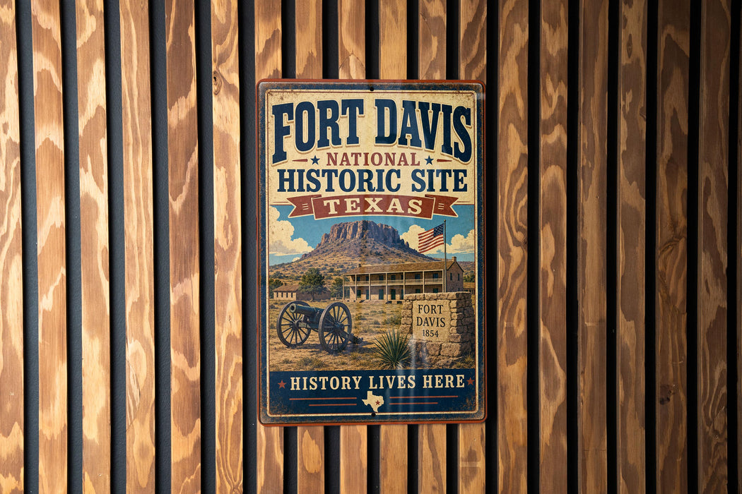 A vintage-style metal sign for Fort Davis National Historic Site in Texas, featuring an illustration of a historic building and a cannon.