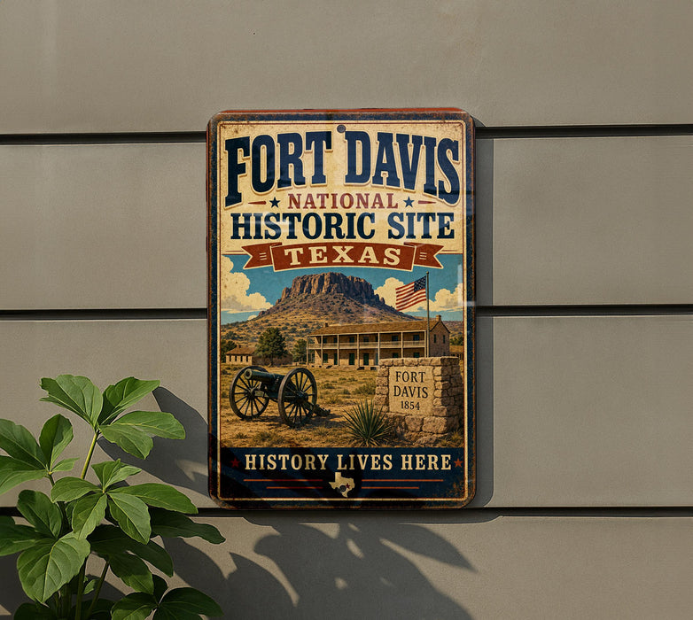 a vintage-style sign for Fort Davis National Historic Site in Texas, with a desert landscape and a cannon in the background.
